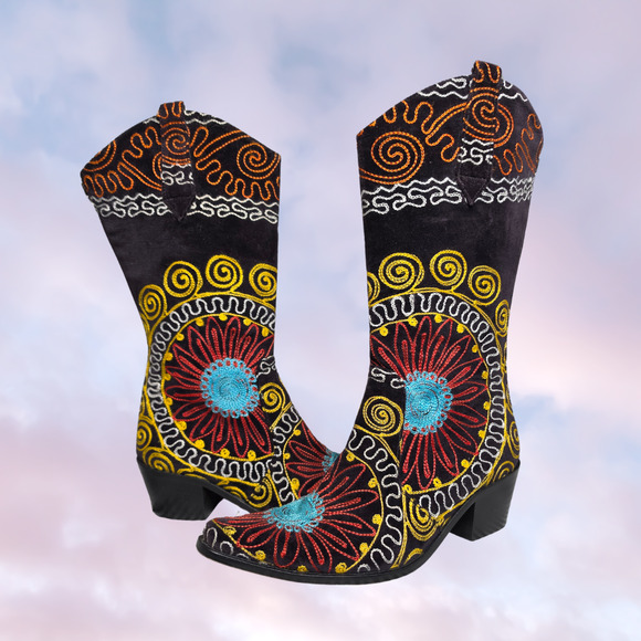 Velvet Road Shoes - Velvet Road Black Colorful Pink Blue Yellow Floral Embroidered Western Boho Boot